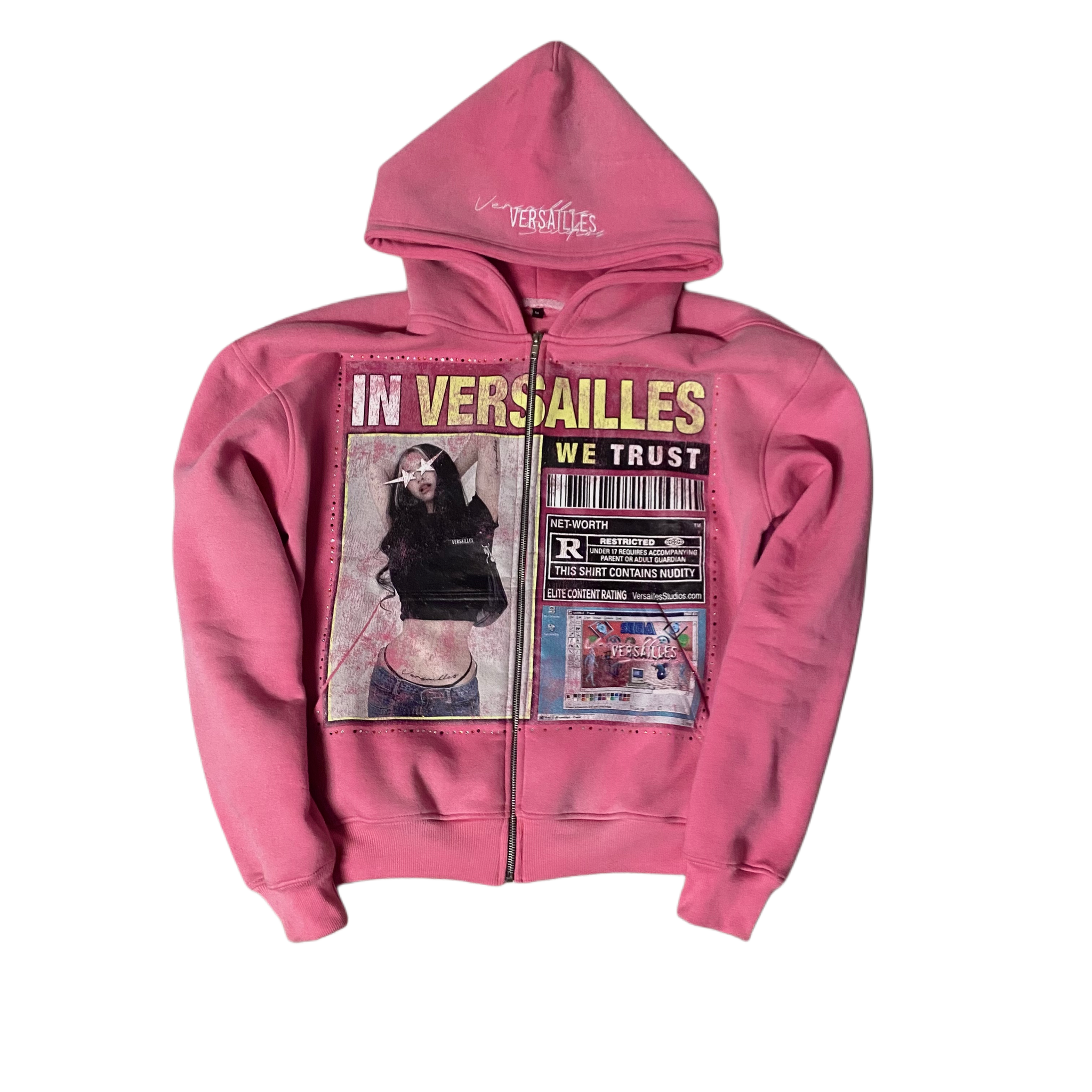 "In Versailles We Trust" rhinestone zip ups pink