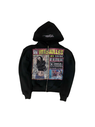 “In Versailles We Trust” rhinestone zip up black