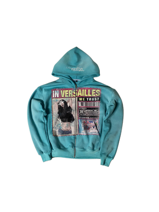 "In Versailles We Trust" rhinestone zip ups turquoise